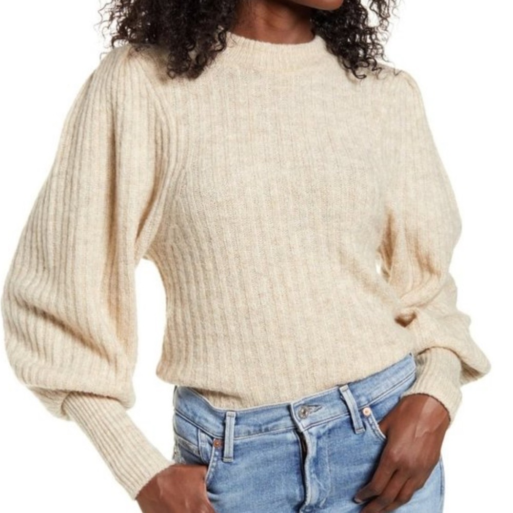 Leith Beige Juliet Sleeve Ribbed Crewneck Sweater Size Large